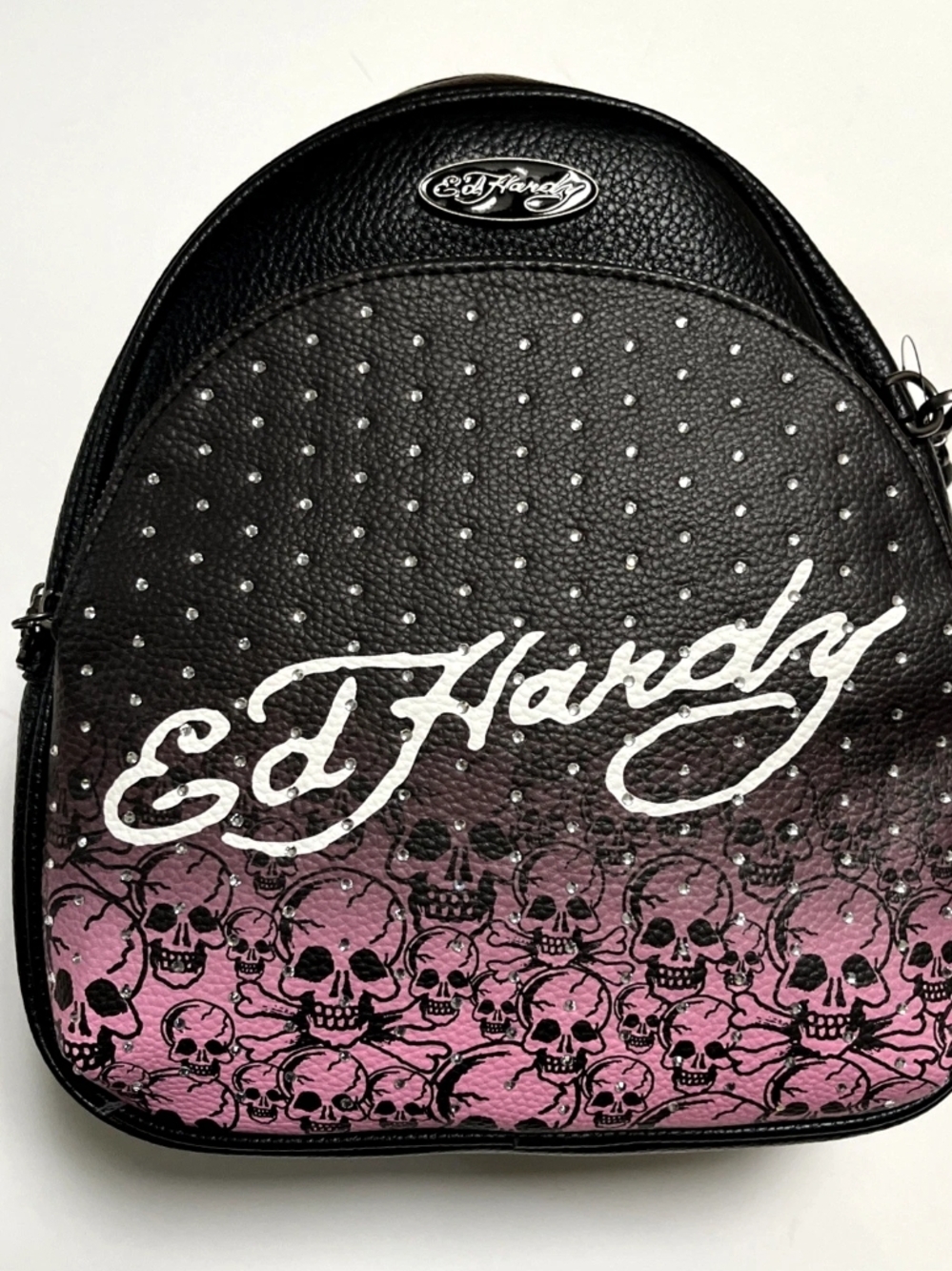 Ed Hardy Black and Pink Skull Mini Backpack with Stud Detailing - Picture 3 of 8